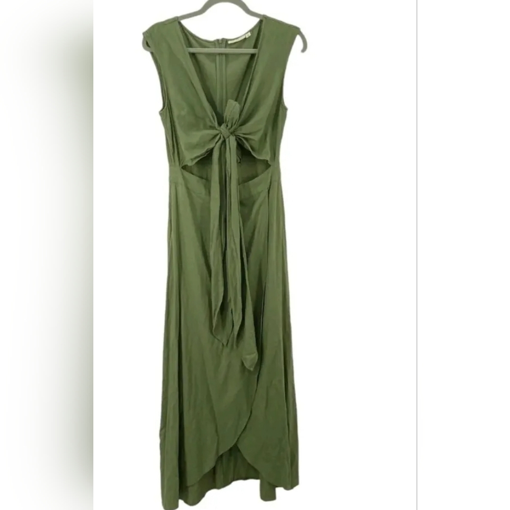 Boho Happy X Nature Womens Green Linen Blend Front Tie Wrap Hi Low Maxi Dress-8